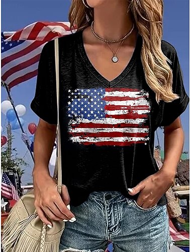  女性の愛国的Tシャツ グラフィック アメリカ国旗 ヴィンテージ スタイリッシュ クラシック 短袖 Vネック レギュラー トップス デイリー ウィークエンド プリント 黒 夏 春