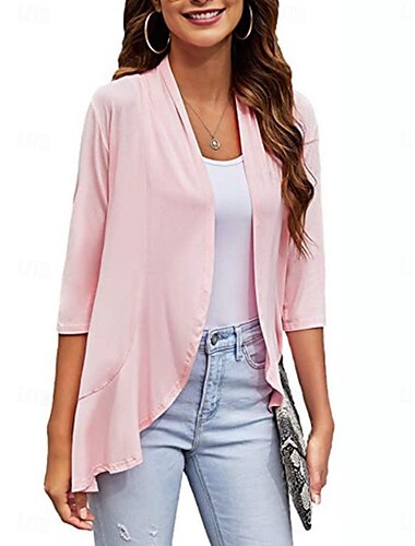  Damen Freizeitjacke Atmungsaktiv Bequem Rüsche Lässig Einfach Urlaub Straße Lässig Alltagskleidung Offene Vorderseite Regulär Kragenlos Normale Passform Langarm Oberbekleidung Weiß Rosa Marineblau