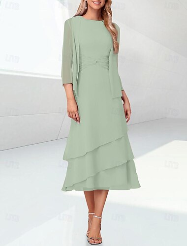  Strand Bruiloft Salie Sheath Moeder van de Bruid Jurk Elegante Sieraad Hals Thee Lengte Chiffon 3/4 Lengte Mouw Wrap Inbegrepen met Rimpel 2025 gratis maat op maat