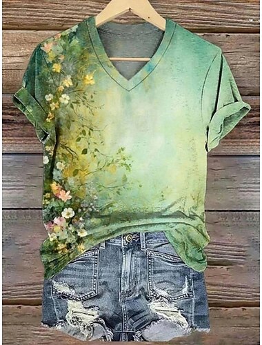  Damen T Shirt Blumen Grafik Pflanzen Vintage Mode Hawaiianisch Kurzarm V Ausschnitt Normale Oberteile Täglich Ausgehen Wochenende Druck Gelb Rosa Blau Purpur Orange Sommer Frühling