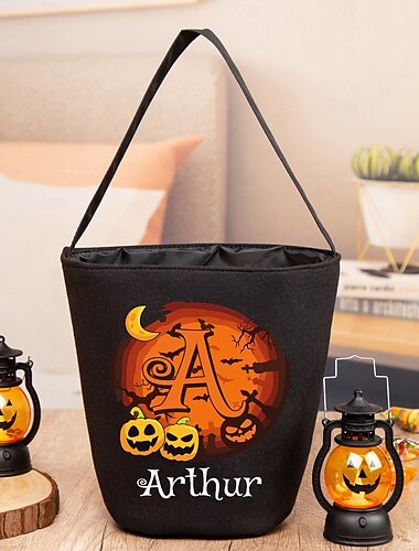  Pungă personalizată cu nume pentru dulciuri de Halloween pentru copii, coșuleț personalizat pentru dulciuri pentru trick or treat, litere și nume personalizate, pungă de bomboane din in natural,