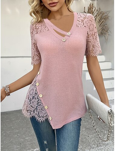  Femmes Chemisier Couleur Unie Élégant Basique Occasionnel Manche Courte Col en V Hauts Réguliers Quotidien Fête Dentelle Boutons Jaune Rose Claire Violet Été