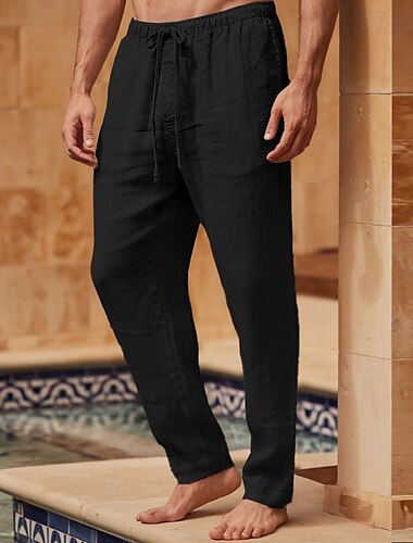  Herren Leinenhosen Hose Sommerhose Strandhose Kordelzug Elastischer Bund Einfach Atmungsaktiv Leicht Volle Länge Outdoor Täglich Ferien Urlaub Mode Schwarz Weiß
