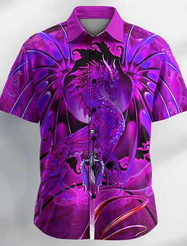  Herren Tiermotiv Drache Hemd Knopfhemd Designerhemd Kurzarm Vintage-Retro Urlaub Lässig Sommer Frühling Umlegekragen 3D-Druck Hemden mit Kragen Blau Purpur Orange Grün