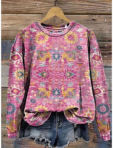  Damen Pullover Sweatshirt Grafik Paisley-Muster Warm Vintage Western Langarm Rundhalsausschnitt Normale Oberteile Straße Alltagskleidung Lässig Druck Rosa Rote Blau Fuchsie Grün Frühling Herbst Winter