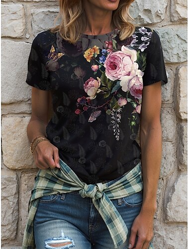  女性用 Tシャツ フラワー グラフィック ヴィンテージ スタイリッシュ クラシック 半袖 クルーネック ラウンドネック レギュラートップス 日常 プリント ピンク ブルー パープル グリーン 夏 春