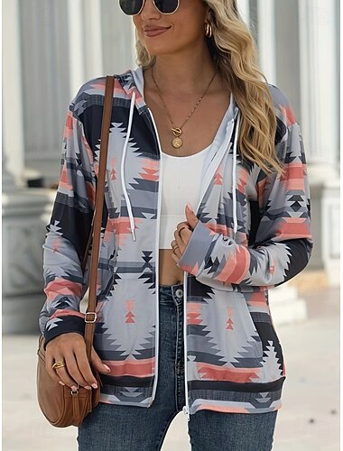  Damen Übergroße Hoodies mit Reißverschluss Geometrisch Gestreift Aktiv Vintage Sport Langarm Mit Kapuze Normale Oberteile Lässig Ferien Reißverschluss Kordelzug Fronttasche Schwarz Blau Grau Frühling