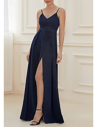  A-Linie Kleider für Hochzeitsgäste Elegant Kleid Hochzeitsgast Verlobung Bodenlang Ärmellos V Ausschnitt Lurex Stoff mit Falten Gerafft Schlitz 2025