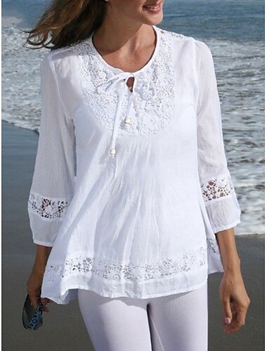  Per donna Camicie di cotone e lino Tinta unica Elegante Casual Manica 3/4 Scollo a V Top Regolari Quotidiano Pizzo Patchwork Nero Bianco Vino Blu marino Estate Primavera