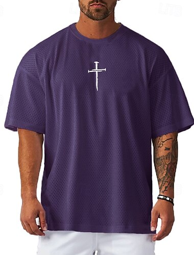 Herren Übergröße T Shirt T-Shirt Rundhalsausschnitt Kurzarm Mode Outdoor Täglich Kreuz Schwarz Weiß Purpur Polyester Bekleidung
