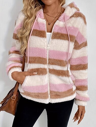  Damen Fleecejacke Warm Reißverschluss Tasche Lässig Streifen Outdoor Ferien Ausgehen Reisverschluss Regulär Mit Kapuze Normale Passform Langarm Oberbekleidung Rosa Winter