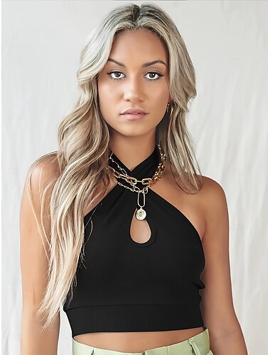  Damen Sommer Tops Sport Ärmellos Neckholder Crop Tops Schwarz Sommer Camisole Tank Top Einfarbig Stilvoll Casual Ärmellos Ärmellos Normale Tops Arbeit Alltag Ausgehen