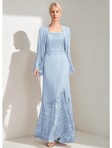  A-Linie 3-teiliges Kleid für die Brautmutter, elegant, schlicht, lässig, quadratischer Ausschnitt, bodenlang, Chiffon, ärmellos, lange Ärmel, Spitze mit Jacke 2025