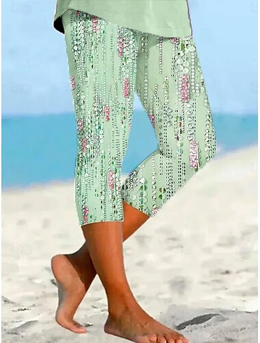  Damen Leggings Capri Hosen hohe Elastizität Urlaub Mode Hawaiian Wadenlänge Mittel Taille Blumengrafik Druck atmungsaktiv weich Urlaub lässig täglich Hellgrün Sommer Frühling Regulär Passform