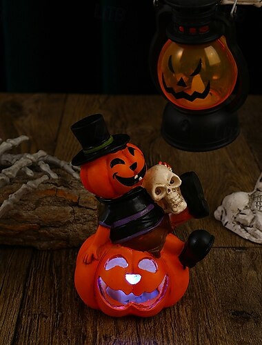  Halloween-hodeskalle- og gresskardekorasjon, fargerik blinkende LED-gresskarlykt og skjelettfigur, skummel Halloween-festrekvisitt for innendørs utendørsdekor