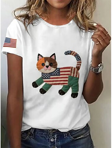 独立記念日 女子用 愛国的 第四の7月 Tシャツ グラフィック アニマル フラッグ ヴィンテージ スタイリッシュ クラシック ショートスリーブ クルーネック ラウンドネック レギュラー トップス デイリープリント 黒 白 赤 夏 春