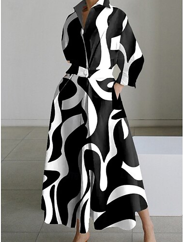 Damen Maxikleid A Linie Kleid Lässig Outdoor Ausgehen Standard Passform Tupfen Langarm Umlegekragen Weiß+Schwarz Schwarz Weiß Sommer