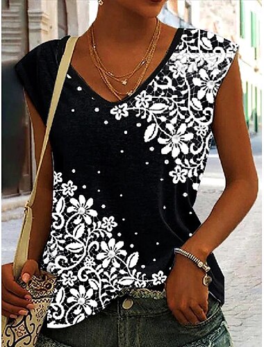  Dam Camisole linne Blommig Grafisk Paisley Vintage Dagligen Stylish Ärmlös V-hals Vanliga toppar Dagligen Utekväll Standkläder Mönster Svartvit Svart Blå Sommar Vår