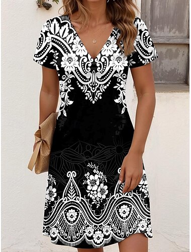  Per donna Mini Abito Vestito T-Shirt Vestito Estivo Vacanza Casual Boho Uscire Vestibilità regolare Grafico Paisley Manica Corta Scollo a V Oro nero Cenere Nero Rosso Estate Primavera