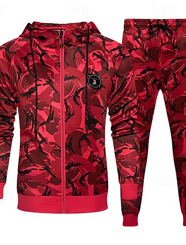  Herren Reißverschluss Kapuzensweatshirt Trainingsanzug Athleisure Herbst Langarm Winddicht Fitnessstudio Training Sport Sportbekleidung Sportkleidung Tarnung Rot Khaki Grau