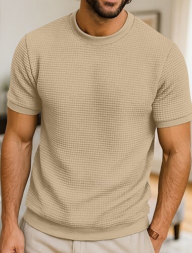  Herren Waffelstrick T-Shirt T-Shirt Kurzarm Rundhalsausschnitt Sommer Ganzjahres Farbblock Texture Mode Designer Lässig Knöpfe Basic Outdoor Lässig Täglich Armee-Grün Dunkelgrau Schwarz Top T-Shirt