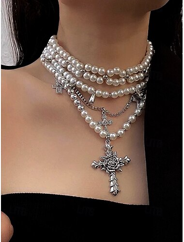  Gothic-Perlen-Rosen-Dornkreuz-Mehrschicht-Halskette für Damen – mehrreihiger Vintage-Halskettenschmuck für Halloween-Partys und Vintage-Anlässe
