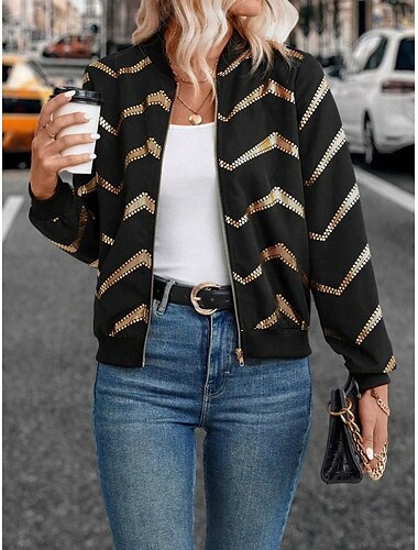  Femmes Vest Bomber Confortable Respirant Fermeture éclair Imprimé Occasionnel Géométrique Vacances Rue Occasionnel Tenue quotidienne Fermeture éclair Court Col montant Coupe régulière manche longue