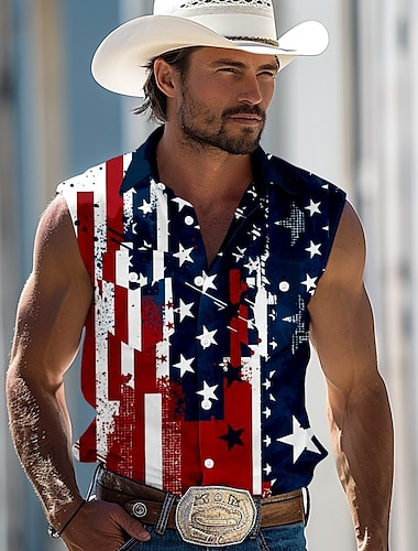  Independence Day Voor heren Amerikaanse Amerikaanse vlag Vaderlandslievend Vierde juli Overhemd Westers overhemd Cowboyshirt Mouwloos Mode-casual Feestdagen Zomer Lente Strijkijzer Twee zakken aan de