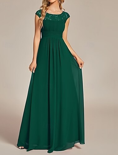  A-Linie Kleider für Hochzeitsgäste Elegant Kleid Hochzeitsgast Verlobung Bodenlang Ärmellos Rundhalsausschnitt Chiffon mit Falten Gerafft 2025