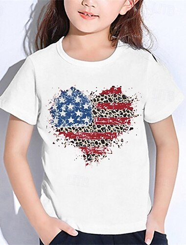  Amerikanischer Unabhängigkeitstag Mädchen 3D Flagge T-Shirt Kurzarm Sommer Frühling Mode Basic Kinder 4-12 Jahre Rundhalsausschnitt Outdoor Lässig Täglich Normale Passform