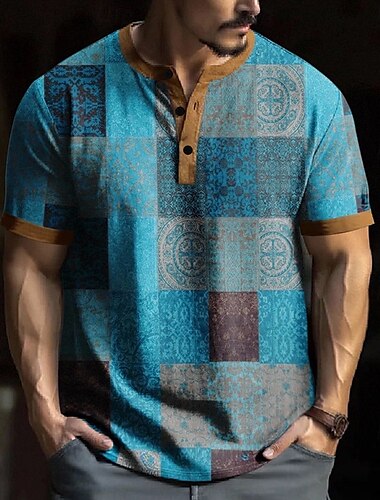  Herre Patchwork mønster T-shirt Henley-skjorte Kortærmet Designer Retro / vintage Smarte Gade Afslappet Daglig Sommer Forår Sø blå Henley Henley T-shirt