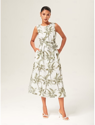  Damen Freizeitkleid Langes Kleid Maxikleid Grün Ärmellos Palme Sommer Rundhals Urlaub XS S M