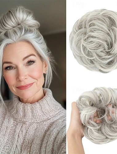  Moño grande desordenado, coleteros ondulados y rizados, extensiones de cabello sintético para coleta, recogidos gruesos para mujer, gris y multicolor.