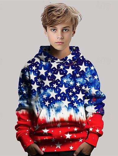  Giorno dell'Indipendenza americana Ragazzi 3D Bandiera Felpa con Cappuccio Manica Lunga Primavera Autunno Moda Streetwear Bambini 4-12 Anni Con cappuccio Casuale Quotidiano All'aperto Vestibilit
