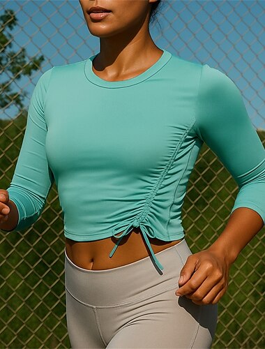  女性用 ランニングＴシャツ ランニングトップ スポーツトップ ドローストリング 長袖 Tシャツ 速乾性 ライトウェイト 高通気性 ランニング ヨガ スポーツウェア アクティブウェア ソリッド ブラック ピンク ルビーレッド