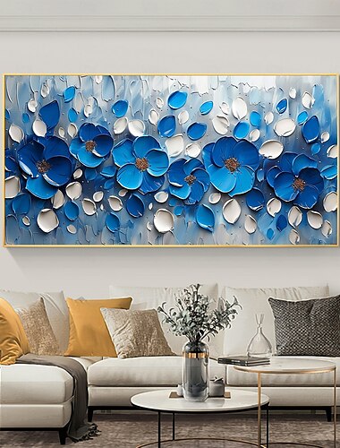  Dipinto a olio originale fatto a mano con texture floreale blu su tela, arte murale astratta con fiori per l'arredamento della casa con cornice tesa senza cornice interna.