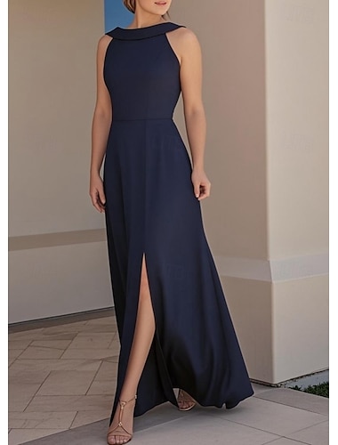  A-Linie Kleider für Hochzeitsgäste Elegant Kleid Hochzeitsgast Verlobung Bodenlang Ärmellos Rundhalsausschnitt Stretch-Crêpe Tiefer Wasserfall-Rückenausschnitt mit Schlitz 2025