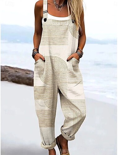  Dam Jumpsuits Aktiv Grafisk Ärmlös Snörning Semester Gata Lös passning Svart Kaki Sommar