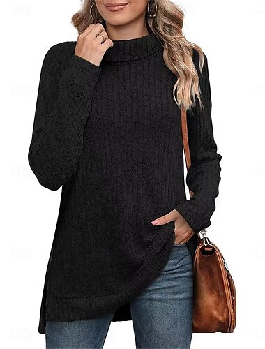  Damen Pullover Lässig Weich Einfarbig Gerippt Rollkragen Gestrickt Langarm Normale Oberteile Stricken Outdoor Täglich Wochenende Schwarz Blau Herbst Winter