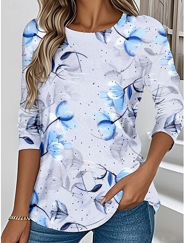  Dames T-shirt Bloemig Grafisch Planten Vintage Stijlvol Klassiek Lange mouw Strakke ronde hals Normale tops Dagelijks Weekend Afdrukken Geel blauw Groen Zomer