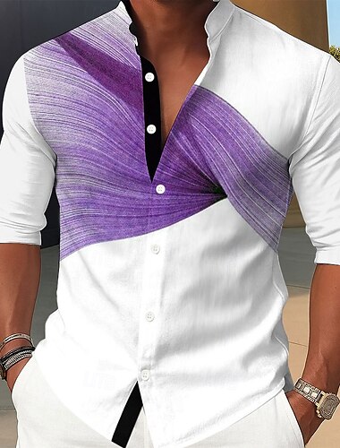  Herren Geometrisch Farbverlauf Linie Hemd Stehkragenhemd Lässiges Hemd Langarm Business-Casual Urlaub Heim Täglich Sommer Frühling Mandarinkragen Stehkragen 3D-Druck Hemden mit Knopfleiste Rote Blau