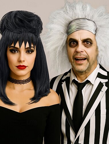  beetlejuice 2 lydia deetz косплей костюм для вечеринки парик невесты пушистые пучки вьющиеся женские черные средней длины прямые парик жука с челкой карнавальный костюм аксессуары
