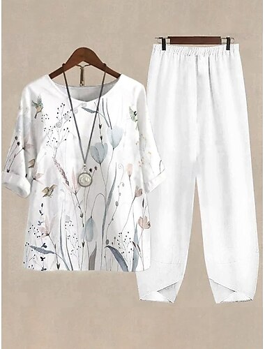  Mujer Básico Camisa Conjuntos de pantalones Media Manga Escote Redondo Ombre Floral Graphic Estampado Festivos Casual Diario Fin de semana Blanco Amarillo Azul claro Verano Ajuste regular