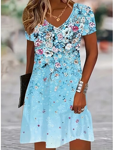  Damen Minikleid T-Shirt-Kleid Sommerkleid A Linie Kleid Urlaub Lässig Strand Ausgehen Strand Normale Passform Blumen Grafik Kurzarm V Ausschnitt Gelb Rosa Blau Purpur Sommer