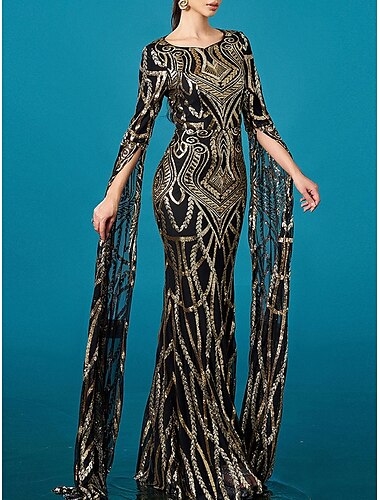  Mermaid / Trumpet Evening Gown Elegant Dress Formal Wedding Floor Length Long Sleeve Crew Neck Sequined with Sequin