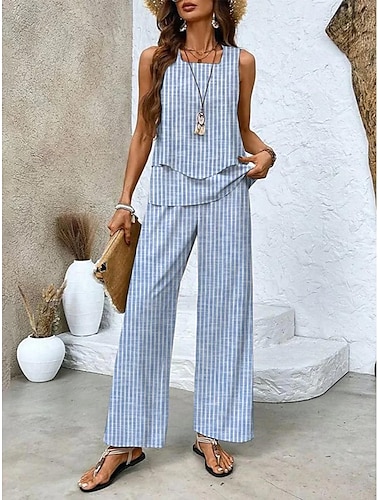  Femmes Mode Streetwear Quotidien Ensembles de Pantalons Sans manches Col carré Couleur Unie Fleuri Imprimé Vacances Occasionnel Quotidien Rouge Bleu Marron Été Coupe régulière