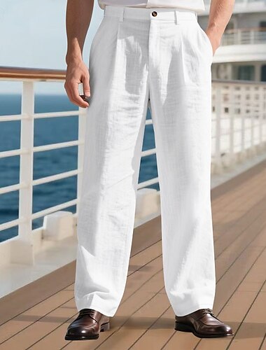  Homme Pantalons en Lin Pantalons Pantalon d'été Pantalons de Plage Avec Poches Jambe Droite Uni Confort Respirant Vacances Quotidien Fête Hawaïen Boho Noir Blanche