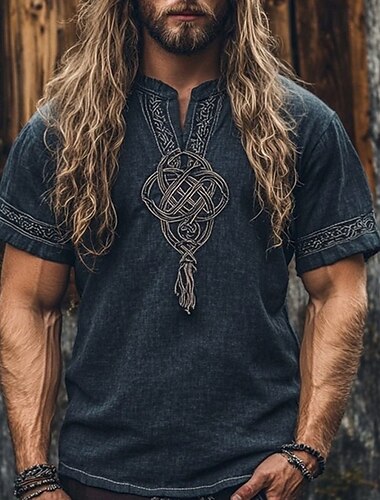  Herren Leinenhemd Sommerhemd Henley Hemd Vintage-Shirt Kurzarmshirt Ethno-Hemd Boho Urlaub Straße Marineblau Kurzarm V Ausschnitt Sommer Bekleidung Ethnisch & Religiös