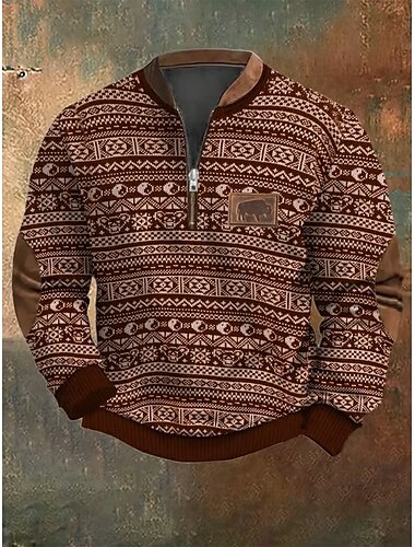  Herren Sweatshirt Viertelreißverschluss Sweatshirt Schwarz Rote Khaki Halber Reißverschluss Grafik Geometrisch Sport & Outdoor Täglich Ferien Polyester Streetwear Lässig Herbst Winter Bekleidung
