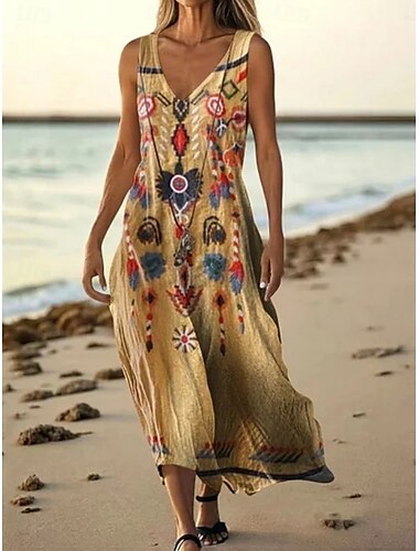  Dames Lange jurk maxi-jurk Casual jurk Tank-jurk Zomerjurk Afrikaanse Dagelijks Feestdagen Strand Normale pasvorm Geometrisch Tribal Mouwloos V-hals Rood Khaki Zomer